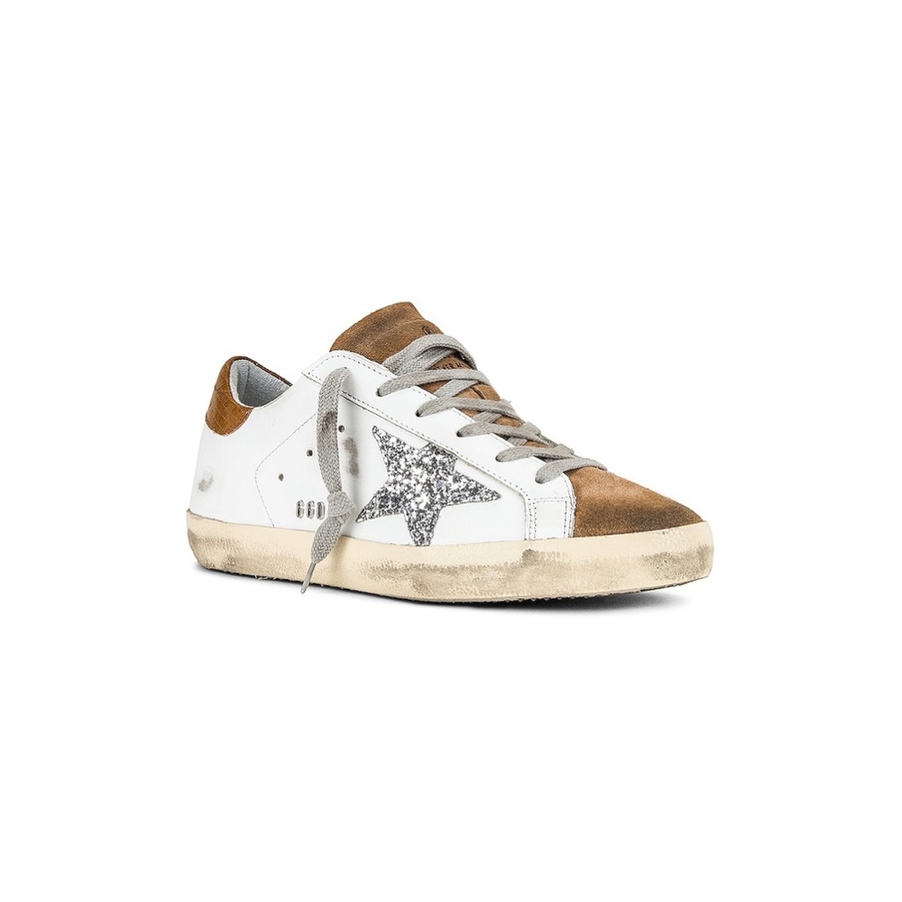 Golden Goose Superstar sneaker in white, tobacco, silver, and taupe size 39